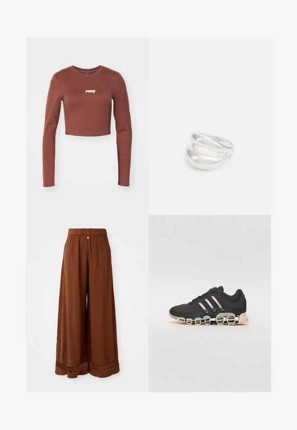 Brown long-sleeve crop top made of a stretchy material, featuring a white "ruby" logo on the front. Smooth texture and fitted design.; Wide-leg brown trousers made from textured fabric, featuring a gathered waistband and lace detailing at the hem.; Black athletic shoe with a textured upper, three silver stripes, and a distinctive cushioning sole featuring multiple integrated sections.; Silver double-band ring with a smooth, polished surface. Features a fluid, curved design with overlapping sections for a modern look.