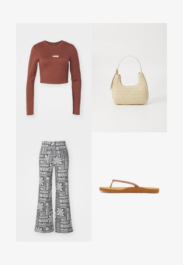 Barna, hosszú ujjú, cropped felső rugalmas anyagból, elöl fehér "ruby" logóval. Simább textúrájú és testhezálló fazon.; Fekete-fehér harangnadrág, geometrikus virágmintával. Könnyű, sima textúrájú anyagból készült.; Barna flip-flop saru fonott pánttal, rugalmas talppal és sima textúrájú talpbetéttel. Alkalmas hétköznapi viseletre.; Bézs színű, fonott szalmakézitáska ívelt formával, rövid fogantyúval és oldalsó cipzárral. Texturált felülettel és minimalista dizájnnal rendelkezik.