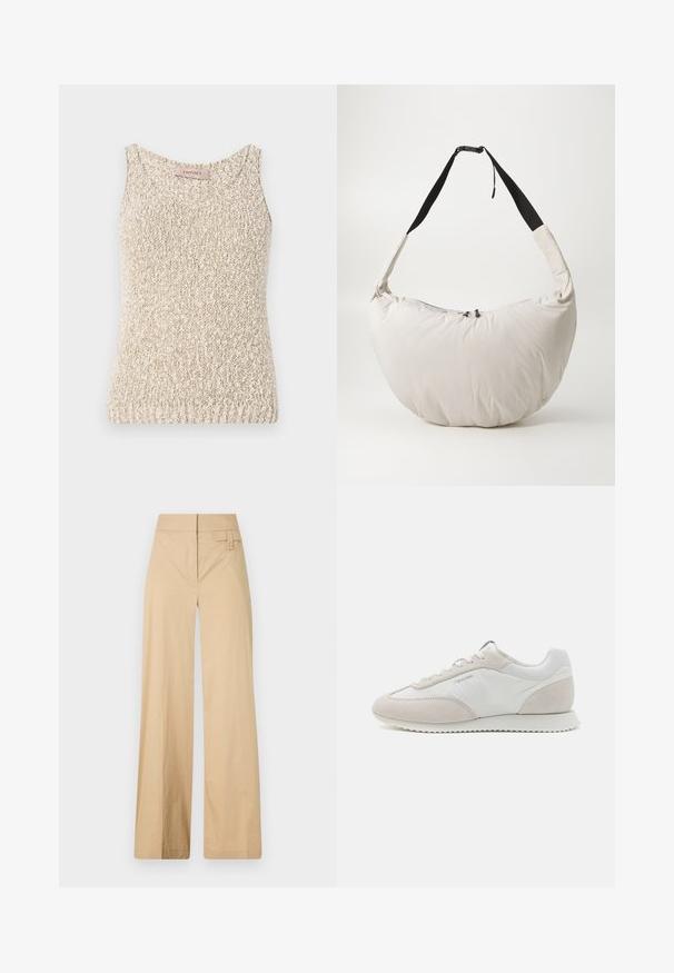 Bežs adīts bezpalaku tops ar izgriezumu, teksturētu audumu un bezpiedurkņu dizainu. Uz kakla ir zīme ar zīmola nosaukumu "TwinsSet."; Beige platajuma bikses, kas izgatavotas no kokvilnas maisījuma auduma. Tām ir gluda tekstūra, elastīga josta un sānu pogu detaļa.; Gaišu krāsu sporta apavi ar baltas ādas un bēša zamšādas maisījumu, ar teksturētu zoli un minimālu zīmolu uz sāna.; Gai smilšu krāsas mīksta pleca soma ar izliekta, pusmēness formas dizainu. Melna siksna, rāvējslēdzēja aizdare un smalka logo uz priekšpuses. Mīksta tekstūra.