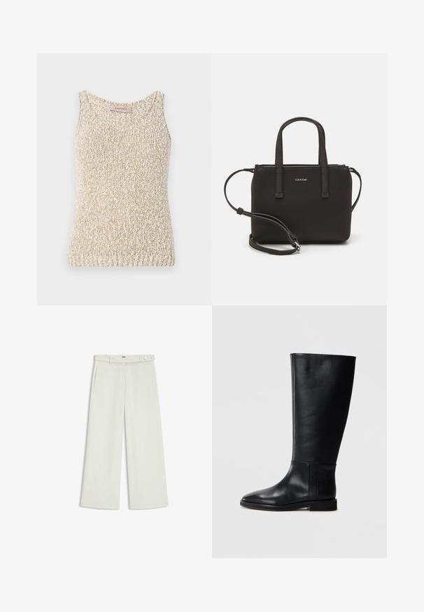 Beige gestricktes Tank-Top mit rundem Ausschnitt, strukturierter Stoff und ärmellosem Design. Verfügt über ein Etikett am Hals mit dem Markennamen "TwinsSet."; Weite Hose aus zartem Creme-Stoff, mit seitlichen Taschen, flatem Bund und einer Knopfverschluss an der Taille. Glatte Textur.; Schwarze Lederstiefel bis zum Knie mit runder Zehenform, glatter Textur, minimalistischem Design und flacher Sohle. Einfache Nahtdetails am Schaft.; Schwarze Handtasche mit zwei kurzen, doppelt geflochtenen Griffen und einem abnehmbaren Schulterriemen. Glattes, lederähnliches Material mit einem Reißverschluss und Logodetail.