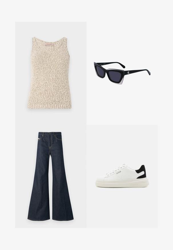 Beige gestricktes Tank-Top mit rundem Ausschnitt, strukturierter Stoff und ärmellosem Design. Verfügt über ein Etikett am Hals mit dem Markennamen "TwinsSet."; Dunkelblaue ausgestellte Jeans aus Denim, mit hohem Bund, goldenen Nähakzenten und zwei Fronttaschen mit Knopfverschluss.; Weiße Leder-Sneaker mit einer dicken weißen Sohle, schwarzem Wildlederakzent an der Ferse und geprägtem Logo an der Seite. Schnürdesign mit sechs Ösen.; Schwarze übergroße Sonnenbrille mit geometrischer Form, ausgestattet mit dunklen Gläsern und einem kontrastierenden grauen Detail im Rahmen. Logo am Bügel.