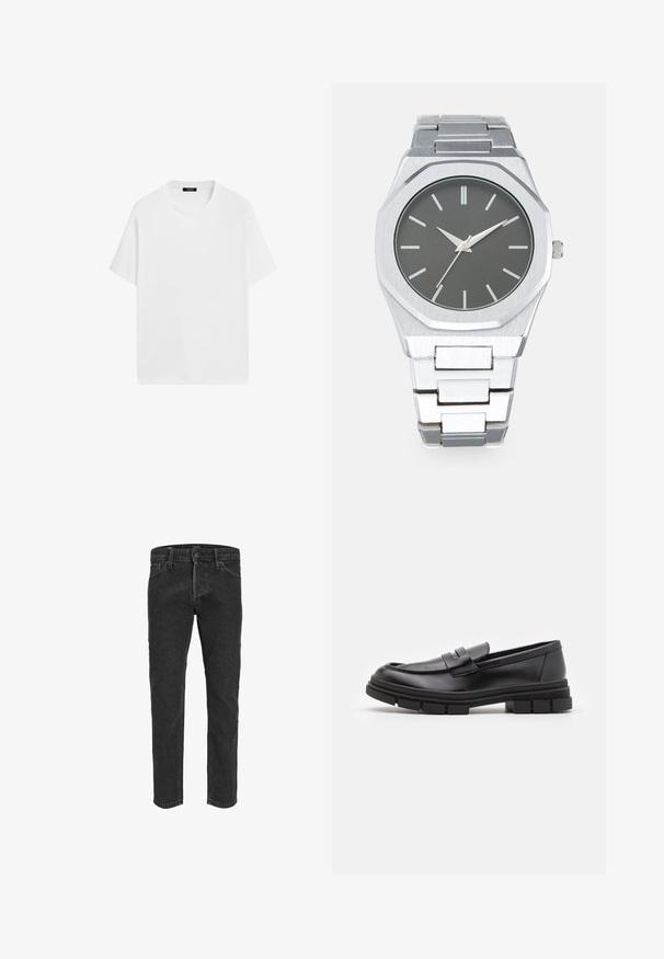 White cotton t-shirt with short sleeves, round neckline, and a relaxed fit. Smooth texture and minimalistic design, no patterns or accents.; Black denim jeans with a straight leg design, five pockets, and belt loops, featuring a slightly faded texture and contrast stitching.; Black leather loafers with a smooth finish, featuring a front strap detail and a chunky rubber sole with grooved accents.; Silver analog watch with an octagonal case, gray dial, silver hour markers, and a stainless steel link bracelet. Minimalist design with smooth texture.