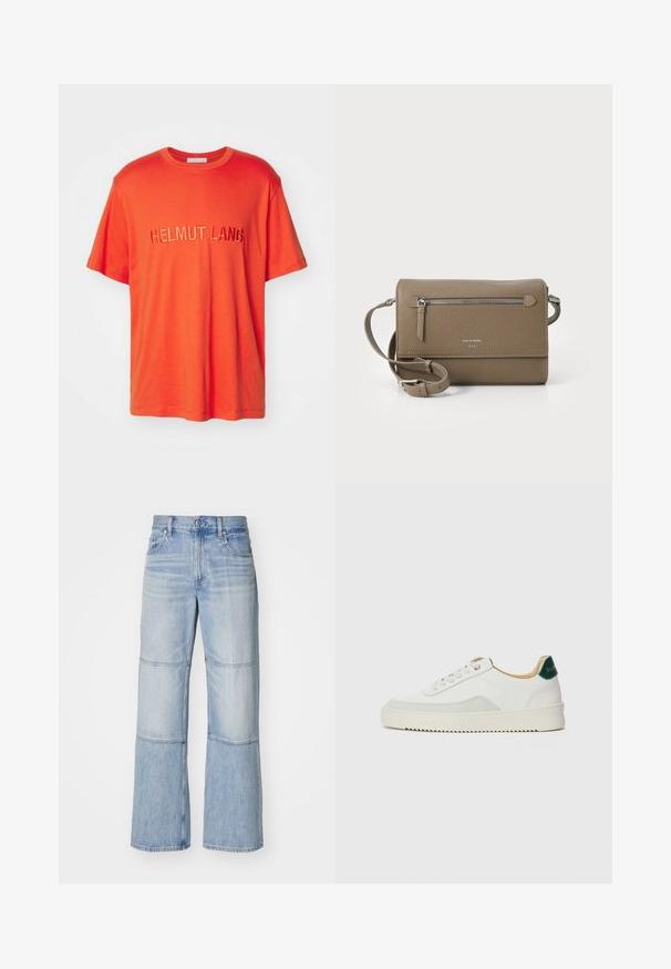 Orange Baumwoll-T-Shirt mit gesticktem Text "HELMUT LANG" auf der Vorderseite. Kurze Ärmel und runder Halsausschnitt.; Hellblaue Jeanshose mit weiter Beinform, ausgestattet mit kontrastierenden Einsätzen und sichtbaren Nähten. Hoch geschnitten mit einem Knopfverschluss.; Weiße Sneaker mit Wildlederelementen, runder Zehenpartie, flachen Schnürsenkeln und einer cremefarbenen Gummisohle. Mit grünen Markenlogo am Fersenbereich.; Taupe Leder Umhängetasche mit einem Reißverschluss-Frontfach, verstellbarem Schulterriemen, Strukturleder und geprägt Logo auf der Vorderseite.