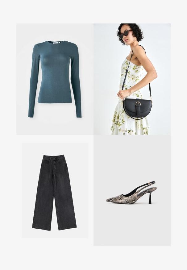Langermet tettsittende t-skjorte i mørk teal, laget av et glatt stoff. Har rund hals og rett kant. Ingen synlige dekorasjoner.; Svart bred ben jeans i denim med høy midje, klassisk fem-lommers design og subtil fading. Holdbart stoff med en jevn tekstur.; Pekefotede slingback-sko laget av teksturert slange-print materiale, med en slank svart hæl og et utskjæringsdesign på sidene.; Svart lærveske med en buet form, avtagbar stropp og gullbeslag. Vesken har et klaff med spenne-detall.