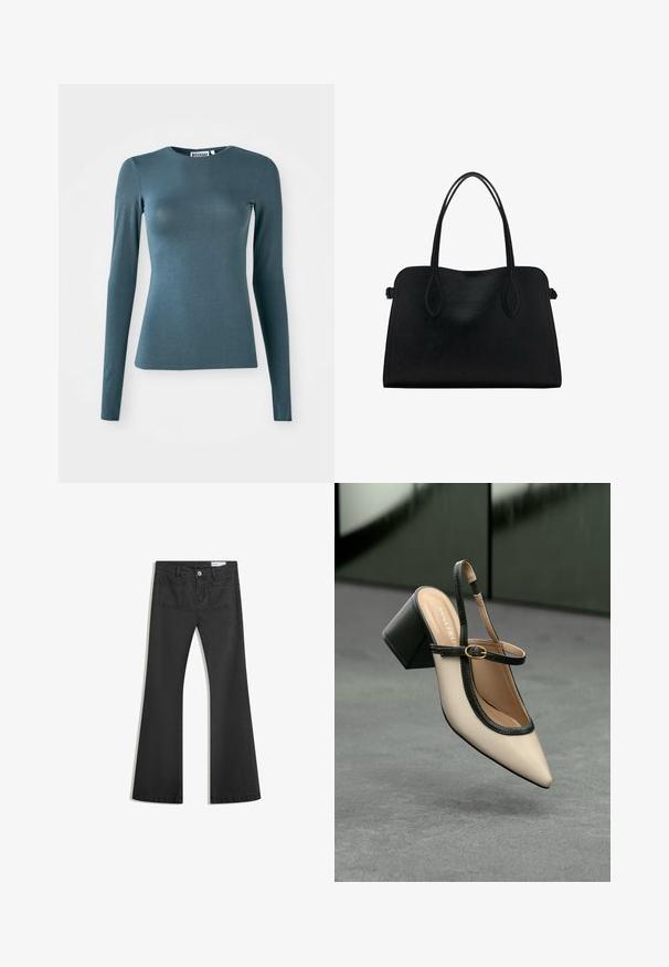 Dlhý rukáv priliehavé tričko v tmavom teal, vyrobené z hladkej látky. Má okrúhly výstrih a rovný lem. Bez viditeľných ozdobných prvkov.; Čierne rozšírené džínsy vyrobené z denimu s hladkou textúrou, obsahujúce dve zadné vrecká a zapínanie na gombík v páse.; Béžová lodička so špicatou špičkou, s čiernym lemom, zlatou prackou a robustným blokovým podpätkom na šedom podlahe s tmavozeleným pozadím.; Čierna kožená kabelka s dvojitými popruhmi na rameno, obdĺžnikový tvar a minimalistický dizajn na bielom pozadí.