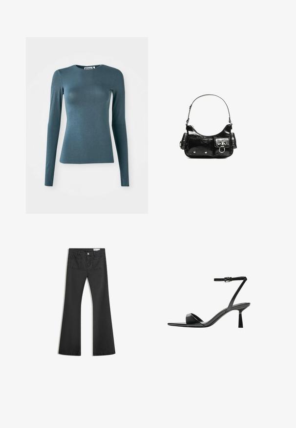 Pitkähihaista istuva t-paitaa tummansinisen vihreänä, valmistettu sileästä kankaasta. Sivut on pyöristetyt ja helma on suora. Ei näkyviä koristeluja.; Mustat leveälahkeiset farkut, jotka on valmistettu sileästä denimmateriaalista. Farkuissa on kaksi takataskua ja nappikiinnitys vyötäröllä.; Bershka Korolliset sandaalit - black; Mustekko mustasta kiiltonahasta valmistettu käsilaukku, jossa on kaareva muoto, yksi olkahihna, etutaskut ja hopeanväriset yksityiskohdat.