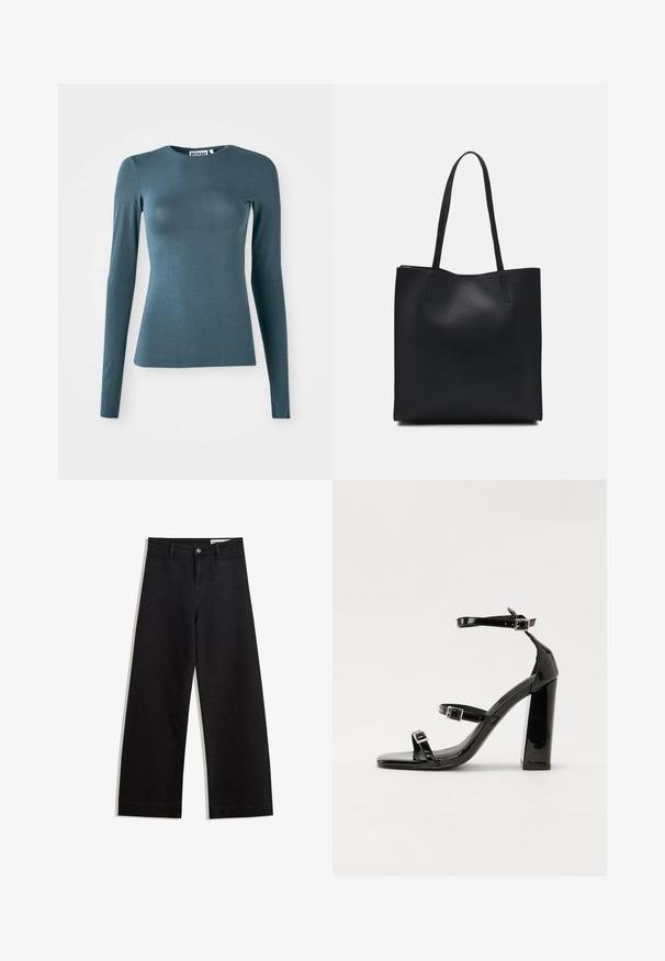 Hosszúujjú, testhezálló póló sötét türkiz színben, sima anyagból készült. Kerek nyakkivágással és egyenes szegéllyel rendelkezik. Nincsenek látható díszítések.; Fekete, bő szabású farmernadrág magas derékkal, elülső és hátsó zsebekkel, varrott felületekkel és gombos záródással. Sima textúra.; Fekete lakk magas sarkú szandál négyzet alakú orral, bokapántokkal és ezüst csatokat tartalmaz. Masszív blokk sarka a stabilitásért felel.; Fekete bőrtáska sima felszínnel, téglalap alakú, két hosszú füllel. Nincs látható fémkiegészítő vagy díszítés.