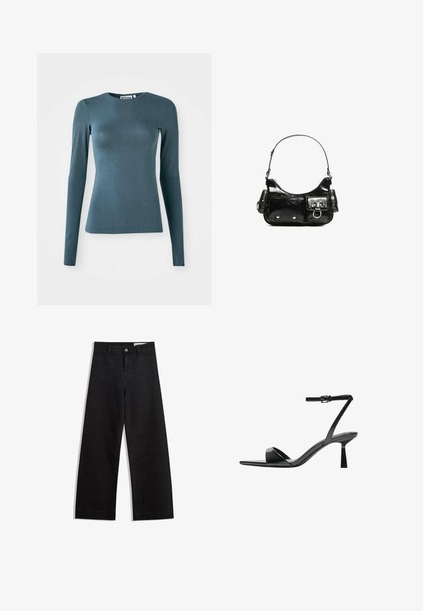 Langärmliges, eng anliegendes T-Shirt in dunklem Teal, aus glattem Stoff gefertigt. Verfügt über einen runden Ausschnitt und einen geraden Saum. Keine sichtbaren Verzierungen.; Schwarze weit geschnittene Jeans mit hoher Taille, ausgestattet mit Vorder- und Hintertaschen, gesteppten Nähten und einem Knopfverschluss. Glatte Textur.; Bershka High Heel Sandalette - black; Schwarze Lackleder-Handtasche mit geschwungenem Design, einem Schulterriemen, Vordertaschen und silberfarbenen Hardware-Akzenten.