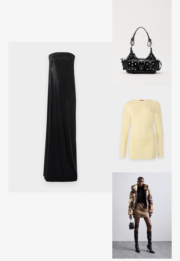 Long-sleeve yellow top in a soft material, featuring a crew neck and diagonal seam details on the front. Smooth texture throughout.; Black strapless maxi dress made of smooth, shiny fabric. Features a fitted bodice and flowing silhouette, reaching the floor without embellishments.; Puffer jacket with a brown and black pattern, paired with a brown snake print mini skirt, black knee-high boots, and a small black bag.; Black leather handbag with a curved design, featuring silver studs, a buckle, and two side pockets. Adjustable strap for carrying options.