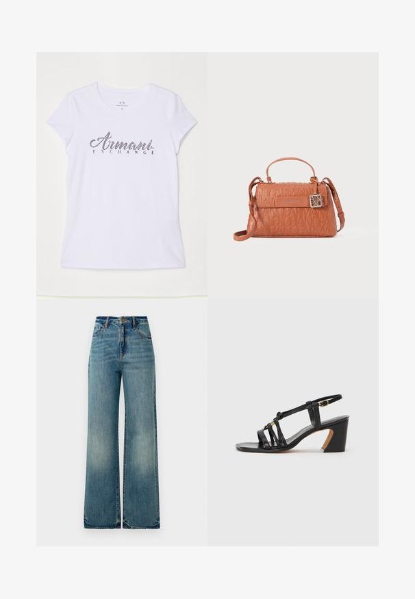 White short-sleeve t-shirt made of cotton, featuring a black rhinestone logo that reads "Armani Exchange" across the front.; Light blue denim wide-leg jeans feature a high waist, five pockets, and slightly frayed hems, showcasing a textured, faded finish.; Paul Smith AMIRA - Classic heels - black; Orange leather handbag featuring embossed logo design, a top handle, adjustable shoulder strap, and a silver hardware accent.