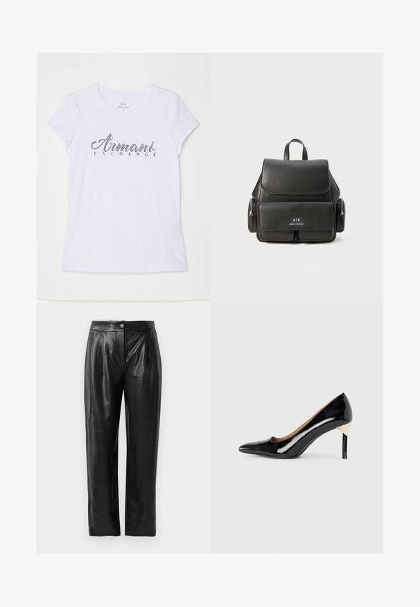 Witte t-shirt met korte mouwen van katoen, met een zwart fonkelend logo dat "Armani Exchange" op de voorkant draagt.; Zwarte faux leren broek met een gestructureerd oppervlak, brede pijpen, voorplooien en een enkele knoopsluiting in de taille.; Zwarte lakleren hoge hak met een puntige neus en uitsnijdingen; voorzien van een stijlvolle gouden accent op de hak. Eenvoudig en elegant.; Zwarte leren rugzak met een klepsluiting, voorvak, zijvak met ritssluitingen en een handvat aan de bovenkant. Met logo-details aan de voorkant.