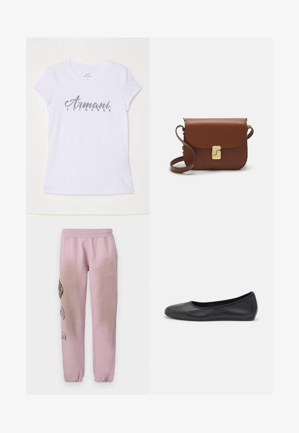 Biela krátka rukávová tričko vyrobené z bavlny, s čiernym kamienkovým logom, ktoré na prednej strane znie "Armani Exchange".; Ružové tepláky s elastickým pásom, s ozdobnými nášivkami v tvare diamantu na ľavej strane a elastickými manžetami na členkoch.; Čierne kožené baleríny s okrúhlou špičkou, hladkým povrchom, minimálnym prešívaním a flexibilným dizajnom podrážky.; Hnedá kožená kabelka s klopou, zlatými kovovými prvkami, ramenným popruhom a hladkým povrchom. Kompaktný obdĺžnikový tvar.