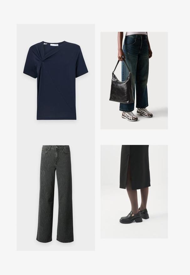 Tricou bleumarin din material moale, cu detaliu de nod răsucit în față și un guler clasic cu mâneci scurte.; Blugi cu picioare largi din denim gri închis, cu o textură subtilă de model zebra, cusături în contrast și un design cu cinci buzunare, având un nasture pentru închidere.; Pantofi din piele neagră cu vârful rotund, toc bloc gros și accente elastice pe lateral, asortați cu colanți închiși la culoare și o fustă neagră cu o fanta.; Geantă de umăr din piele neagră, cu o textură netedă și curea ajustabilă, asortată cu blugi evazați și adidași.