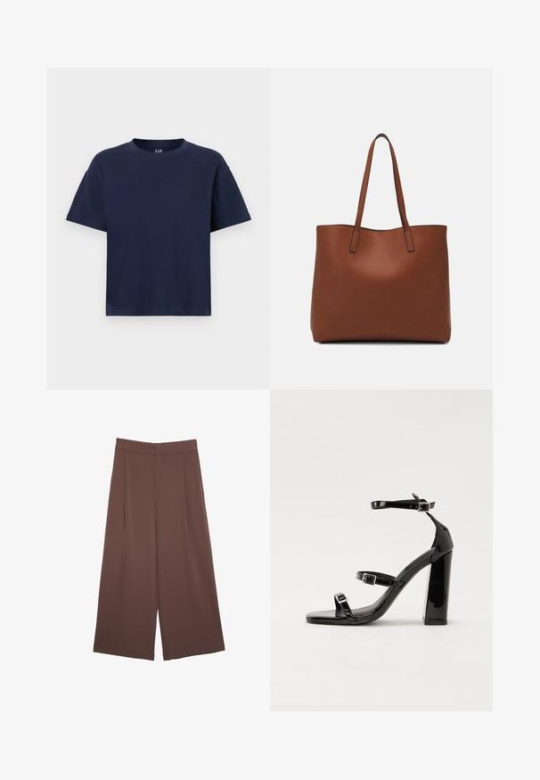 T-shirt in cotone blu navy con scollo tondo e maniche corte, caratterizzato da un fit rilassato e un design minimalista. Nessun motivo o dettagli.; Pantaloni ampi marroni con una texture liscia, caratterizzati da una vita alta e pieghe frontali. Il tessuto è leggero e scorre liberamente.; Sandali con tacco in vernice nera, con punta squadrata, cinturini alla caviglia e fibbie in argento. Presentano un tacco a blocco spesso per maggiore stabilità.; Borsa tote in pelle marrone con texture liscia, design con apertura superiore e due spallacci. Presenta cuciture minime e nessun hardware visibile.