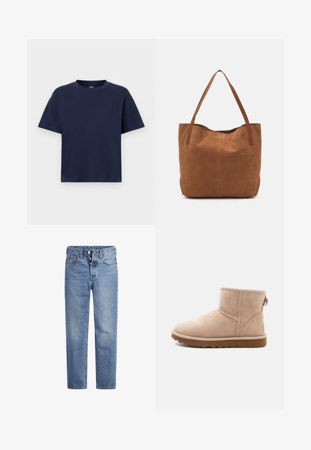 T-shirt de algodão azul-marinho com decote redondo e mangas curtas, apresentando um ajuste descontraído e um design minimalista. Sem padrões ou acentos.; Jeans de denim azul claro com corte reto, design de cinco bolsos e fecho de botão. Apresenta um desbotado subtil e detalhes de costura laranja.; Bota de tornozelo em camurça bege com bico arredondado, detalhes de costura e uma sola de borracha castanha texturizada. Apresenta uma alça na parte de trás.; Saco tote em camurça castanha com duas alças longas, apresentando uma textura suave, design simples e sem hardware ou detalhes visíveis.
