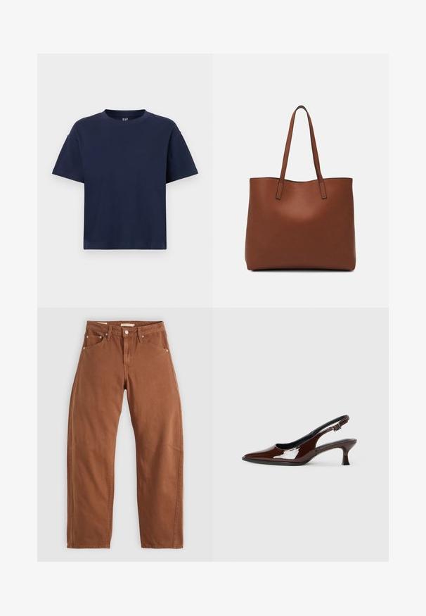 Marineblaues Baumwoll-T-Shirt mit Rundhalsausschnitt und kurzen Ärmeln, das eine lockere Passform und ein minimalistisches Design aufweist. Keine Muster oder Akzente.; Rostbraune gerade geschnittene Jeans mit Vorder- und Hintertaschen, Metallnieten, Knopfverschluss und Gürtelschlaufen, flach auf einem weißen Hintergrund ausgelegt.; Braune Lackleder-Slingback-Schuhe mit spitzer Zehe und moderatem Absatz. Mit einem Schnallenriemen für einen sicheren Sitz. Glatte Textur.; Braune Leder-Tote mit glatter Textur, offenem Oberteil und zwei Schulterriemen. Verfügt über minimale Nähte und keine sichtbaren Beschläge.