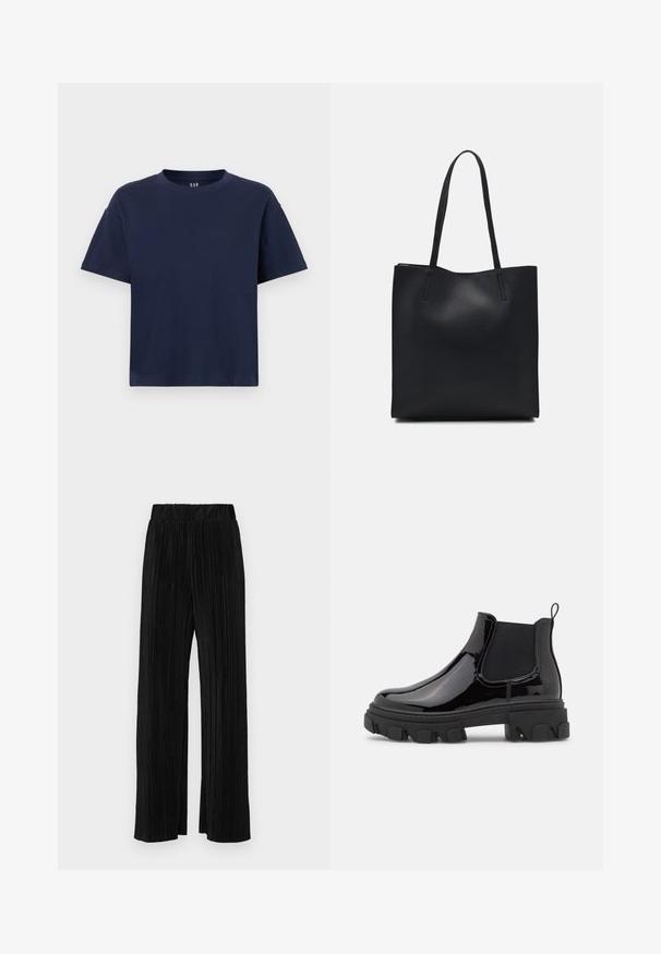Marineblå bomull T-skjorte med rund hals og korte ermer, med en avslappet passform og minimalistisk design. Ingen mønstre eller detaljer.; Sorte plisserte bukser med elastisk midje. Har vide ben og et glatt, strukturert stoff med vertikale striper.; Sorte patentlæder Chelsea støvler med elastiske sidelapper, chunky tekstureret sål og bageste greb for nem påføring.; Svart lær tote bag med glatt tekstur, rektangulær form og to lange håndtak. Ingen synlige deler eller dekorasjoner.
