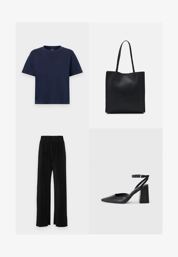 Tumedast sinine puuvillane T-särk ümarate kaelustega ja lühikeste varrukatega, millel on mugav lõige ja minimalistlik disain. Ilma mustrite ega detailideta.; Mustad pleekitud püksid elastse vöökohtaga. Omavad laiad jalad ja sujuvat, tekstureeritud kangast vertikaalsete triipudega.; Mustmustest must-käigukingad, millel on konksuga nöör ja paks konts. Ühtlane tekstuur, stiilne disain ja minimalistlik esteetika.; Mustast nahast kott sujuva tekstuuriga, ristkülikukujuline ja kahe pika sangaga. Pole nähtavat riistvara ega kaunistusi.