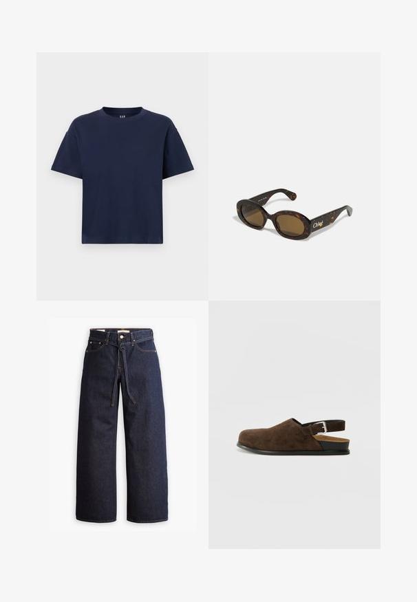 Tums zilas kokvilnas T-krekls ar apaļu izgriezumu un īsām piedurknēm, piedāvājot brīvu piegriezumu un minimālu dizainu. Nav rakstu vai akcentu.; Plati zili džinsi ar augstu jostasvietu, ar šnaukaša saišu, piecām kabatām un kontrastējošiem šuvju akcentiem.; Biezu zamšādai kurpe ar zemu papēdi, regulējamu siksniņu ar sudraba sprādzi un melnu gumijas zoli.; Sāls torta saulesbrilles ar ovālām rāmēm, brūnām tonēm lēcām un "Chloé" logotipu uz rokas. Gluds plastmasas materiāls ar spīdīgu virsmu.; Brūns zamša toleta soma ar plašu formu un mīkstu tekstūru, ar vienu siksniņu un minimālu aparatūru uz neitrāla fona.