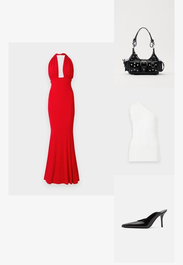 White, ribbed tank top with one shoulder design. Features a fitted shape and subtle texture, emphasizing a minimalist style.; Red halter dress made of fitted fabric, featuring a plunging neckline and a flared hem. Smooth texture with no visible patterns or embellishments.; Black patent leather high-heeled mule with a pointed toe and a sleek silhouette, featuring an open back and a slender stiletto heel.; Black leather handbag with a curved design, featuring silver studs, a buckle, and two side pockets. Adjustable strap for carrying options.