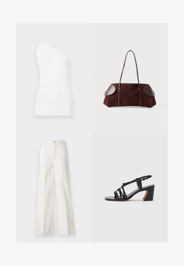 Bílý žebrovaný top na jedno rameno. Má přiléhavý střih a jemnou strukturu, čímž zdůrazňuje minimalistický styl.; Bílé volné kalhoty vyrobené z bavlny s hladkou texturou. Obsahují přední knoflík, zip a design se čtyřmi kapsami.; Paul Smith AMIRA - Klasické lodičky - black; Hnědá semišová taška s koženými detaily, strukturovaného tvaru, s dvojitými ramenními popruhy a zaoblenými okraji, s hladkým povrchem a minimálním kovovým příslušenstvím.