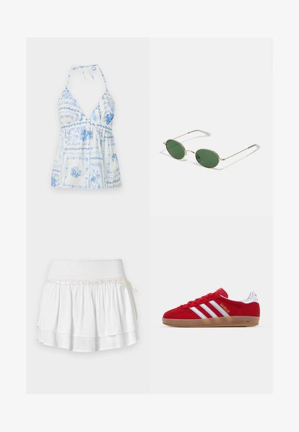 Blue and white printed halter top with a deep v-neck, gathered waist, and floral patterns, featuring adjustable neck ties and button details.; White tiered skirt with an elastic waistband, featuring a textured smocking detail and a decorative ribbon accent. Cotton fabric.; Red suede sneaker with white three-stripe design and gold "Gazelle" text. Features a rubber gum sole and textured heel.; Gold-framed sunglasses with green oval lenses and thin metal arms. Features clear plastic tips on the arms for comfort.; Woven straw basket bag with brown leather accents, two handles, and a detachable strap. Curved shape with a sturdy base.