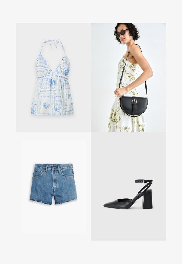 Top halter stampato blu e bianco con scollo a V profondo, vita arricciata e motivi floreali, dotato di legacci regolabili e dettagli con bottoni.; Shorts in denim blu chiaro, con cinque tasche, chiusura a zip e bottone. L'orlo è sfilacciato e presenta un design a vestibilità rilassata.; Pump in pelle nera con punta affusolata, cinturino alla caviglia e tacco spesso. Texture piatta, design elegante ed estetica minimalista.; Borsa a tracolla nera in pelle con una forma curva, manico rimovibile e accessori dorati. La borsa presenta una patta con un dettaglio a fibbia.