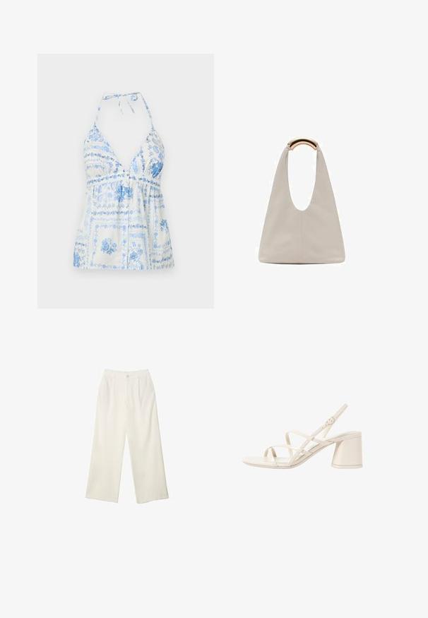 Blå og hvidt trykt halterneck-top med dyb v-udskæring, sammensnørret talje og blomster mønstre, med justerbare halsbånd og knapdetaljer.; Bredde bukser i cremefarvet stof med en glat tekstur, der har en enkelt knap foran, diskrete folder og design med høj talje.; Beige hælede sandaler med slanke, krydsende stropper, åben tå og en kvadratisk blokhæle. Glat lakeret finish, justerbar ankelrem.; Lysegrå lædertaske med et U-formet design og et buet metallisk håndtag. Glat tekstur med minimal syning og ingen synlige mønstre.
