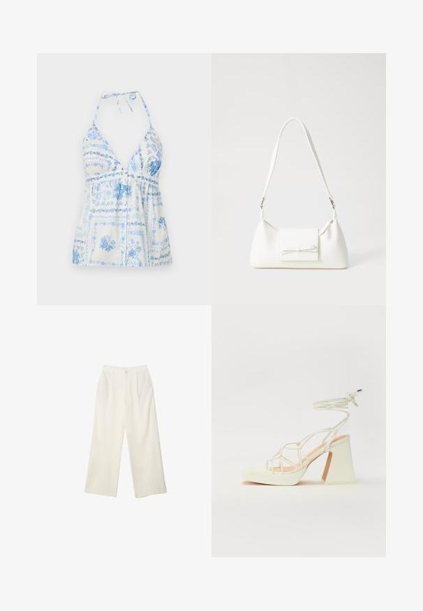 Blau-weiße bedruckte Haltertop mit tiefem V-Ausschnitt, gerafftem Bund und Blumenmustern, ausgestattet mit verstellbaren Nackenbändern und Knopfdetails.; Helle Stoffhose mit weitem Bein und glatter Textur, ausgestattet mit einem einzelnen Knopf vorne, dezenten Falten und einem Hochbund-Design.; Weiße High-Heel-Sandale mit einem klobigen Absatz, die über ein Riemchendesign und ein Knöchelband verfügt. Glatte Textur mit einer Plattform vorne für zusätzliche Höhe.; Weiße synthetische Handtasche in dreieckiger Form, flache Vorderklappe und Schleifendetail, verstellbarer Trageriemen, glatte Textur und minimalistisches Design.
