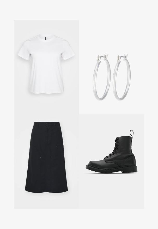 White cotton t-shirt with short sleeves, round neckline, and a relaxed fit. Smooth texture with no visible patterns or accents.; Black skirt made of cotton, featuring a front button closure, two large pocket details, and a straight silhouette. Smooth texture.; Black leather combat boot with a round toe, lace-up front, and a pull tab at the ankle. Features a thick rubber sole for durability.; Silver hoop earrings with a smooth, polished finish. Round shape and secure click-top closure. Lightweight design suitable for everyday wear.
