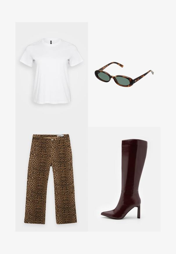 Valge puuvillane T-särk lühikeste varrukatega, ümmarguse kaelusega ja lõdva lõikega. Sile tekstuur ilma nähtavate mustrite või aktsentideta.; Leopardimustrilised püksid, millel on pruun ja must muster, sirge sääre disain ja klassikaline viie tasku stiil. Valmistatud puuvillasegusest kangast.; Even&Odd Saapad - dark red; Kilpkonna kilbi disainiga tumedad prillid ovaalsete raamidega ja roheliste objektiividega. Omab õhukesi käsi, millel on metallist aktsent hingedest lähedal.; Kuldne rõngaskõrvarõngad, millel on sujuv ja ümar disain, ning läikiv viimistlus. Kerge konstruktsioon koos kindla klambriga.