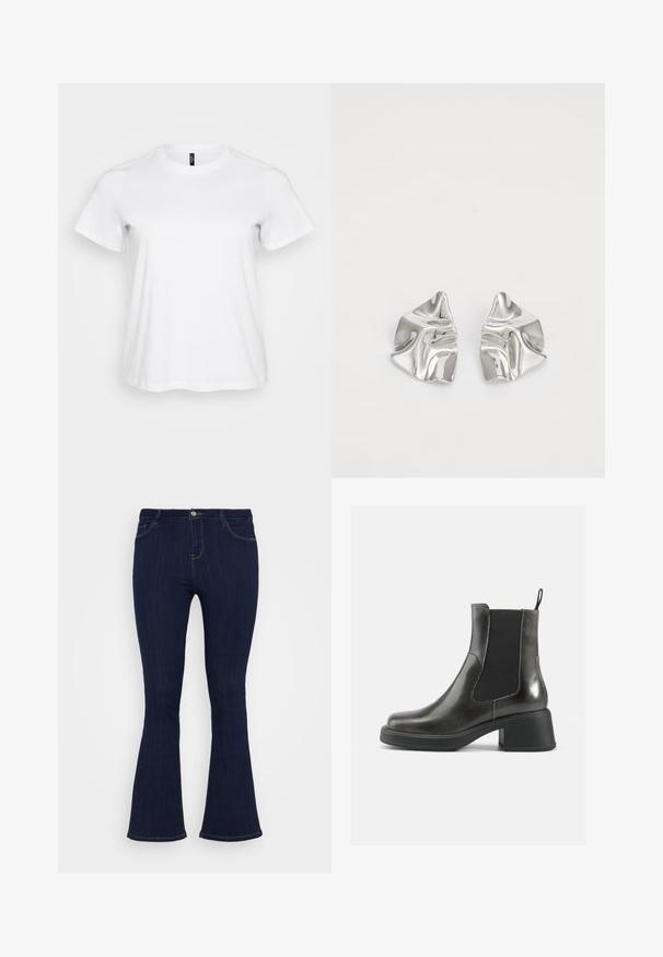 Bjela pamučna majica s kratkim rukavima, okruglim izrezom i opuštenim krojem. Glatka tekstura bez vidljivih uzoraka ili naglasaka.; Tamno plave traperice visokog struka, uskog kroja oko butina i blago raširenih na dnu, s prednjim džepovima i patentnim zatvaračem.; Crne kožne gležnjače s glatkom završnom obradom, elastičnim bočnim panelima i debelim potplatom. Imaju kuku za lakše obuvanje.; Srebrne metalne naušnice s valovitim, skulpturalnim dizajnom, naglašenim sjajnom završnom obradom i nepravilnim oblicima, što ističe suvremeni estetski izraz.