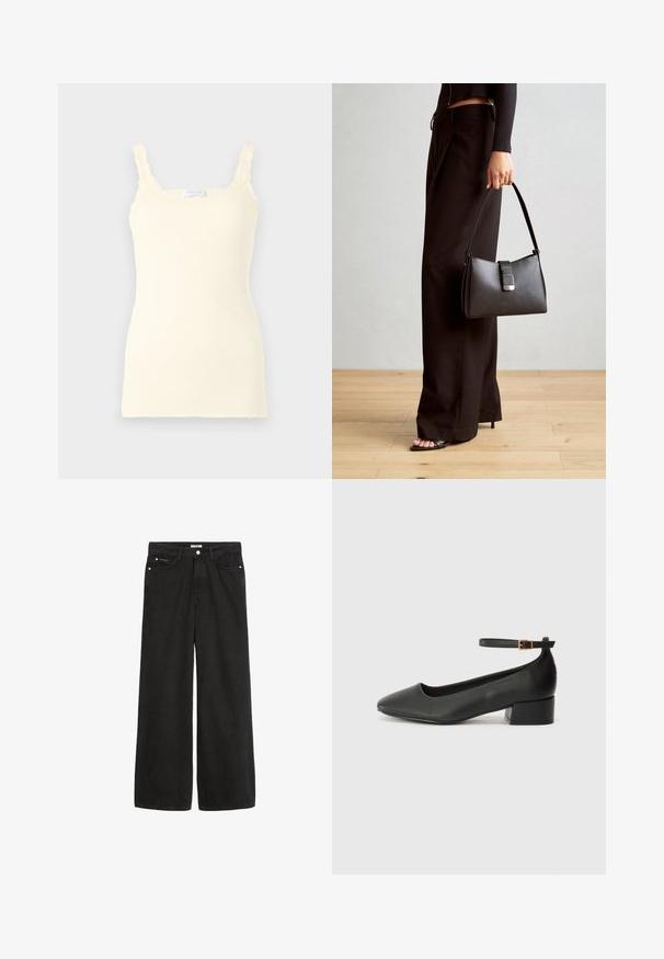 Ribota šviesiai geltona kamizola su reguliuojamais nėrinių apvadais bei prigludusia siluetu. Minkšta tekstūra su glotniu paviršiumi.; Platus juodas džinsinis kelnes su aukštu juosmeniu. Yra penkios kišenės, metalinės detalės ir švarus apdaila. Paviršius yra lygus ir švelnus.; Juodas odinis aukštakulnis batelis su smailiu pirštu ir žemu bloku. Su kulkšnies dirželiu su auksinės spalvos sagtimi. Lygus paviršius.; Juodas rankinė struktūrizuota forma, lygi tekstūra ir metalinis užsegimas. Suporuota su plačiomis juodomis kelnėmis ir atvirais bateliais ant medinių grindų.