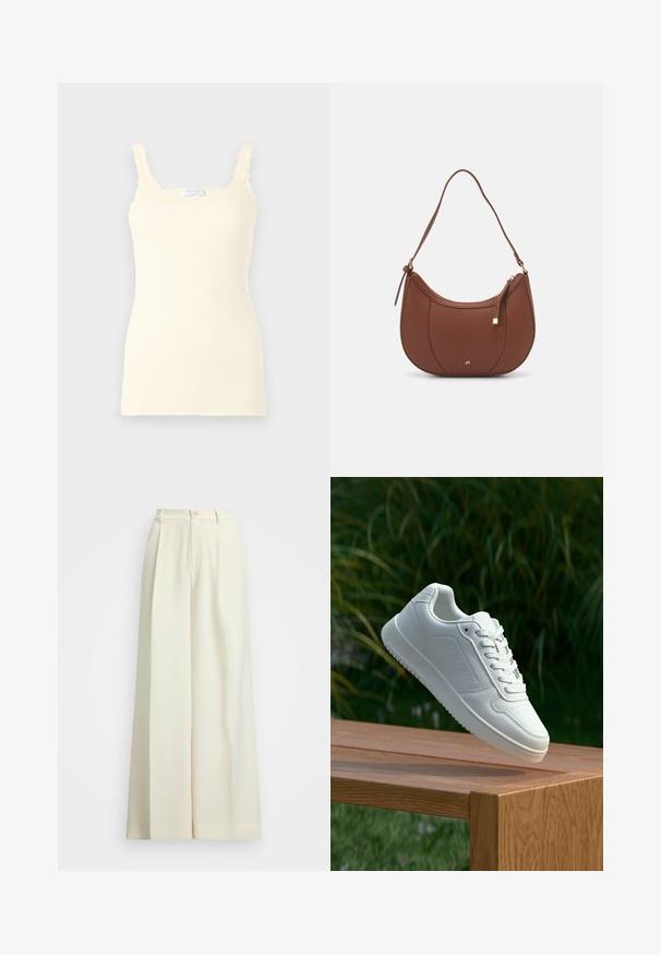 Ribbed light yellow camisole featuring adjustable lace-trimmed straps and a fitted silhouette. Soft texture with a smooth finish.; Wide-leg trousers in off-white fabric, featuring a high waist, double pleats, and a button closure. Smooth texture and tailored design.; White sneaker with a smooth synthetic upper, perforated toe box, flat laces, and a textured sole, displayed on a wooden surface.; Brown faux leather shoulder bag with curved shape, minimal stitching, and a gold-tone hardware accent. Features a top zipper closure and adjustable strap.