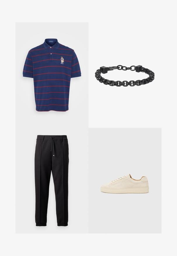 Mørkeblå polo skjorte med maroon horisontale striper, krage med to knapper, og brodert bjørnelogo på venstre bryst. Laget av bomull, med korte ermer.; Sorte bukser med liv, snor og elastiske mansjetter. Har plisséer og et glatt, teksturert stoff.; Beige semsket sportssko med lav topp, rund tå, flate lisser og en teksturert gummisåle. Minimalistisk stil uten synlige logoer.; Svart metall kjedearmbånd med sammenkoblede lenker, firkantede detaljer og en jevn overflate. Justerbar design for optimal passform.