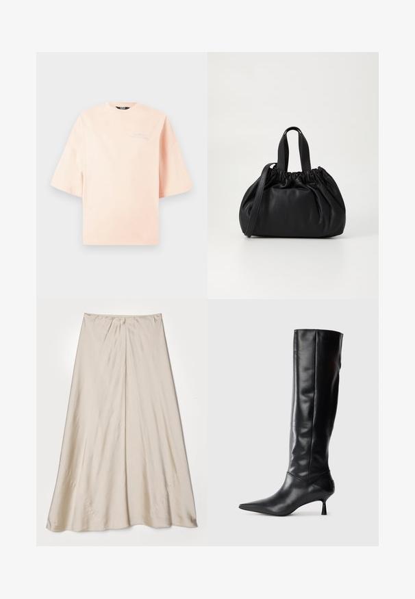 Tricou roz, supradimensionat, fabricat din bumbac moale. Prezintă mâneci scurte și un guler rotund cu un logo brodat în zona stângă a pieptului.; Fustă bej din satin cu o siluetă evazată. Prezintă un talie plisată și un luciu subtil, cu cusături unghiulare și o cădere elegantă.; Botine negre din piele, până la genunchi, cu vârf ascuțit și toc subțire, curbat. Textură netedă, design ajustat și fără elemente de prindere sau modele vizibile.; Geantă de mână din piele neagră cu un design cu partea superioară plisată, având două mânere scurte și o curea lungă ajustabilă. Textură netedă, formă rotunjită.