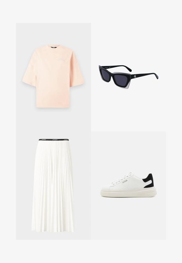 Růžové, oversized tričko vyrobené z měkké bavlny. Má krátké rukávy a kulatý výstřih s vyšitým logem na levé straně hrudi.; Záhybová bílá sukně s černým elastickým pasem s logem "LACOSTE". Suška je střední délky a má jemnou texturu.; Bílé kožené tenisky s tlustou bílou podrážkou, černým semišovým akcentem na patě a vyraženým logem na boku. Šněrovací design se šesti očka.; Černé oversized sluneční brýle geometrického tvaru, s tmavými skly a kontrastním šedým detailem na rámu. Logo na rameni.