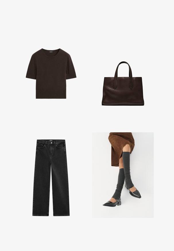 Brown short-sleeve sweater with a round neckline. Made of soft, textured fabric. Simple design with no additional patterns or hardware details.; Wide-leg black denim jeans with a subtle vertical stripe pattern, featuring five-pocket design and a classic button closure at the waist.; Black patent leather pointed-toe shoes with a block heel and ankle strap, paired with gray ribbed leg warmers and a brown suede skirt.; Brown leather tote bag with two elongated handles, structured rectangular shape, smooth texture, and subtle stitching details.