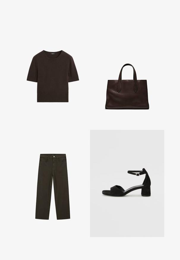 Bruine trui met korte mouwen en een ronde halslijn. Gemaakt van zachte, textuurrijke stof. Eenvoudig ontwerp zonder extra patronen of hardwaredetails.; Donkergroene wijde jeans van een katoenmix, met een sluiting met een voorste knop, vijf zakken en klassieke denimstiksels.; Zwarte suede hakken met een dunne enkelband, open teen ontwerp en een bescheiden blokhak. Zachte textuur en minimale accenten.; Bruine leren tote bag met twee verlengde handvatten, gestructureerde rechthoekige vorm, gladde textuur en subtiele stiksels.