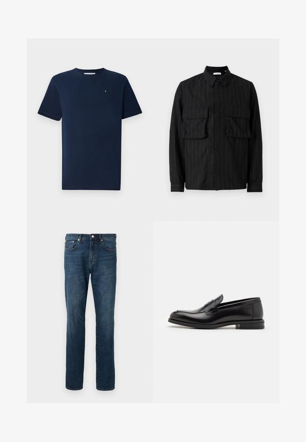 Camiseta de manga corta azul marino de algodón, con cuello redondo y un pequeño emblema blanco en el pecho; textura suave.; Camisa negra de manga larga con rayas verticales, dos bolsillos en el pecho, cuello con solapa y cierre de botones. Tejido suave y texturizado.; Jeans de mezclilla azul oscuro, diseño de pierna recta, cinco bolsillos, cierre con botones, con un leve desgastado y detalles de costura. Textura suave.; Mocasines de cuero negro con una textura suave, puntera redondeada y una tira decorativa en el empeine. Tacón bajo apilado, diseño minimalista.