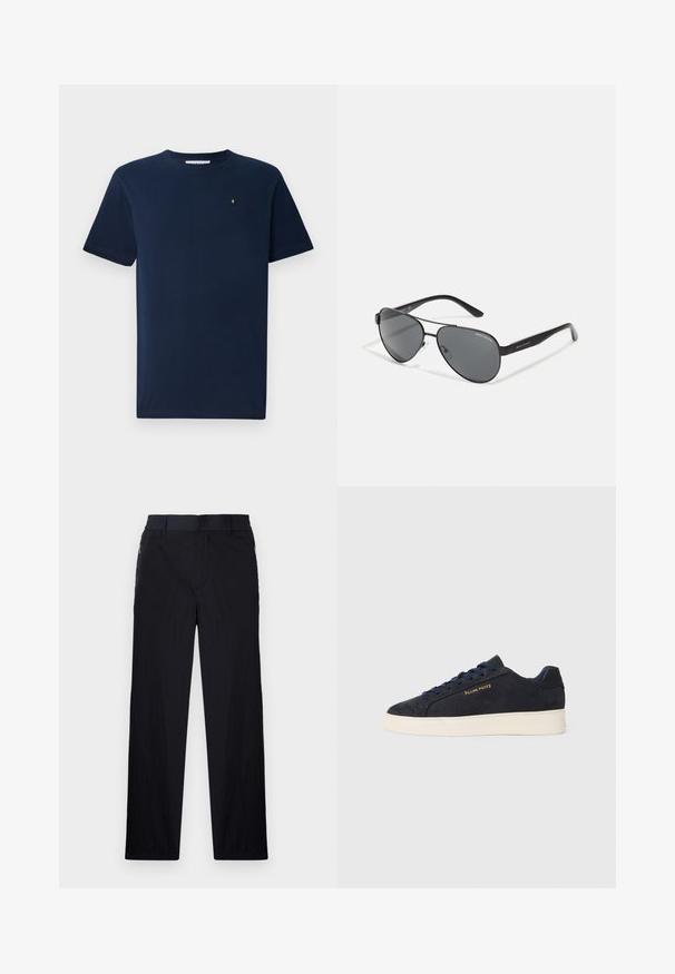Navy blue short-sleeve T-shirt made of cotton, featuring a round neck and a small white emblem on the chest; smooth texture.; Black trousers featuring a lightweight, textured fabric, straight-leg design, elastic waistband, and side zip pockets.; Navy blue suede low-top sneaker with white sole, navy laces, and "Filling Pieces" logo in gold on the side.; Black aviator sunglasses with dark lenses, thin metal frame, and slender plastic arms featuring logo accents.