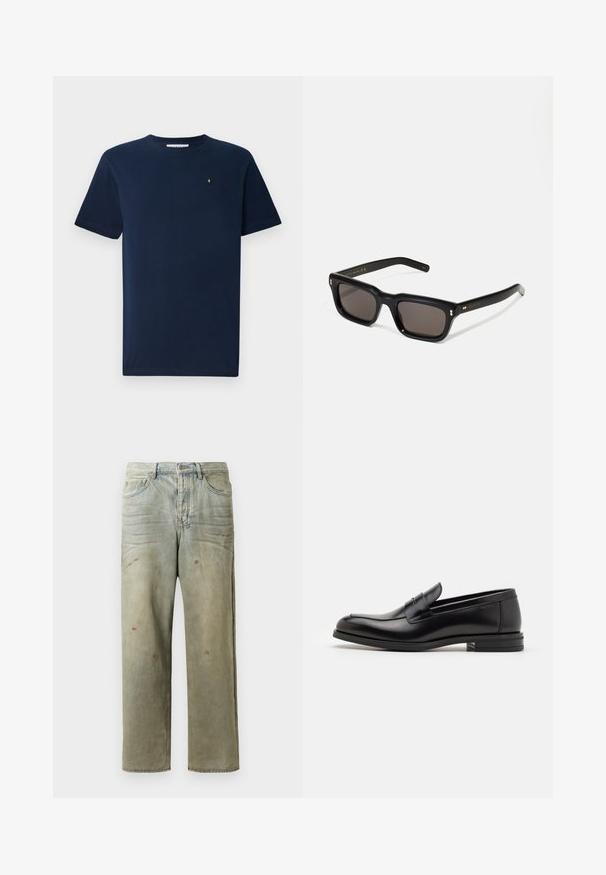Navy blue short-sleeve T-shirt made of cotton, featuring a round neck and a small white emblem on the chest; smooth texture.; Distressed denim jeans in light green, featuring a straight leg, five-pocket design, and uneven fading with paint splatters.; Black leather loafers with a smooth texture, rounded toe, and a decorative strap across the vamp. Low stacked heel, minimalist design.; Black rectangular sunglasses with dark lenses, thick plastic frame, gold accents on temples, and brand logo engraved on the arm.