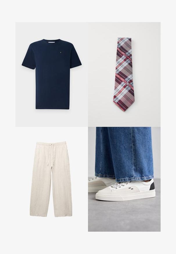 Himmelblaues Kurzarm-T-Shirt aus Baumwolle mit Rundhalsausschnitt und einem kleinen weißen Emblem auf der Brust; glatte Textur.; Leinenhosen in hellbeige, mit einem elastischen Bund und Zugkordel, weitem Beinansatz und seitlichen Taschen. Glatte Textur.; Weiße und schwarze Sneaker mit einem Obermaterial aus glattem Leder, strukturierten Akzenten und einer massiven weißen Sohle. Verfügt über ein klassisches Schnürdesign.; Karreaugebundene Krawatte mit einem Muster aus burgunderfarbenen, grauen, blauen und roten Streifen. Hergestellt aus glattem Stoff mit einer spitzen Spitze.