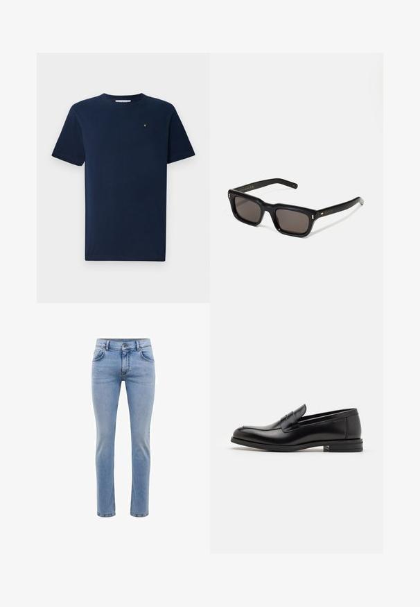 Himmelblaues Kurzarm-T-Shirt aus Baumwolle mit Rundhalsausschnitt und einem kleinen weißen Emblem auf der Brust; glatte Textur.; Hellblaue, slim-fit Jeans aus Denim mit fünf Taschen und geradem Bein. Mit Reißverschluss und Gürtelschlaufen ausgestattet. Weicher Stoff.; Schwarze Lederloafers mit glatter Textur, rundem Zehenbereich und einem dekorativen Riemen über dem Vorderfuß. Niedriger, gestapelter Absatz, minimalistisches Design.; Schwarze rechteckige Sonnenbrille mit dunklen Gläsern, dickem Kunststoffrahmen, goldenen Akzenten an den Bügeln und eingraviertem Markenlogo am Arm.