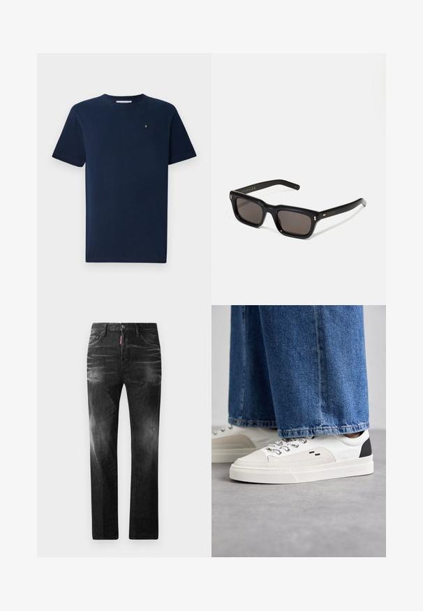 Navy blue short-sleeve T-shirt made of cotton, featuring a round neck and a small white emblem on the chest; smooth texture.; Black denim jeans with a straight fit. Features faded areas, minor distressing, classic five-pocket design, and a button closure.; White and black sneakers with a smooth leather upper, textured accents, and a chunky white sole. Features a classic lace-up design.; Black rectangular sunglasses with dark lenses, thick plastic frame, gold accents on temples, and brand logo engraved on the arm.