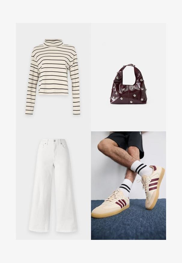 Ilgi piedurkņu turtlenecks tops krēmkrāsā ar melnajiem horizontālajiem svītrainēm; mīksta auduma, brīvā piegriezuma, īsā dizainā, ar gludu tekstūru.; Baltas platajās kājās izgatavotas džinsu bikses, kas ir ar augstu jostasvietu, četrām kabatām un neapstrādātu apakšmalu, nodrošinot tekstūru.; Beige apavi ar bordo svītrām, teksturēta virsma un gumijas zole, kopā ar ribotām baltām zeķēm ar melnām svītrām.; Bordo ādas rokassoma ar noapaļu formu, kuras virsmu rotā metāliski sudraba kniedes, kas ir vienmērīgi izvietotas, un īsa, plata siksna.