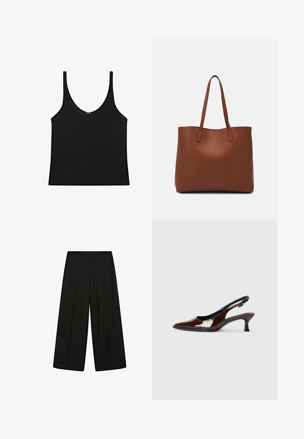 Black tank top in a soft fabric with a rounded neckline and thin straps. Simple, cropped design with clean edges and no patterns.; Black wide-leg trousers made of soft fabric, featuring a high waist and pleats, with a smooth texture and no visible embellishments.; Brown patent leather slingback shoe with a pointed toe and a moderate heel. Features a buckle strap for secure fit. Smooth texture.; Brown leather tote bag with a smooth texture, open top design, and two shoulder straps. Features minimal stitching and no visible hardware.