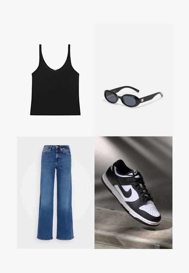 Schwarzes Tanktop aus weichem Material mit rundem Ausschnitt und dünnen Trägern. Schlichtes, kurz geschnittenes Design mit klaren Kanten und ohne Muster.; Himmelblaue hochtaillierte Denim-Jeans mit weitem Bein, Knopf- und Reißverschluss sowie Vorder- und Gesäßtaschen, auf einem schlichten hellgrauen Hintergrund.; Schwarz-weißer Nike Dunk Low Sneaker mit Lederobermaterial, perforiertem Zehenbereich und schwarzen Schnürsenkeln, ausgestattet mit einer weißen Sohle und Logo-Akzenten.; Schwarze ovale Sonnenbrillen mit dunklen Gläsern, glänzendem Kunststoffrahmen, breiten Bügeln und einem kleinen goldenen Akzent auf einer Seite.