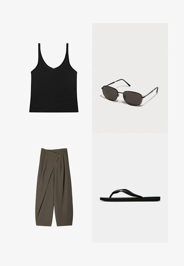Top nero in un tessuto morbido con scollatura rotonda e spalline sottili. Design semplice, corto, con bordi puliti e senza fantasie.; Pantaloni larghi in tessuto verde oliva scuro, con un design frontale plissettato, chiusura con bottone e una superficie lucida e strutturata.; Infradito in gomma nera con cinturino testurizzato e suola piatta semplice, mostrati di lato su uno sfondo chiaro e uniforme.; Occhiali da sole neri in metallo con montatura ovale, lenti scure, aste sottili e un logo discreto sulla lente sinistra. Design elegante e minimalista.