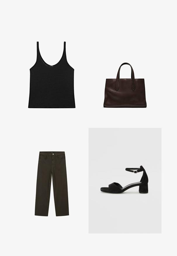 Schwarzes Tanktop aus weichem Material mit rundem Ausschnitt und dünnen Trägern. Schlichtes, kurz geschnittenes Design mit klaren Kanten und ohne Muster.; Dunkelgrüne Jeans im weit geschnittenen Style, hergestellt aus einem Baumwollgemisch. Sie verfügen über einen Frontknopfverschluss, fünf Taschen und klassische Denim-Nähte.; Schwarze Wildleder-Espadrilles mit einem dünnen Knöchelriemen, offener Zehenpartie und moderatem Blockabsatz. Glatte Textur und minimale Akzente.; Braune Ledertasche mit zwei langen Griffen, strukturierte rechteckige Form, glatte Textur und dezente Nähdetails.